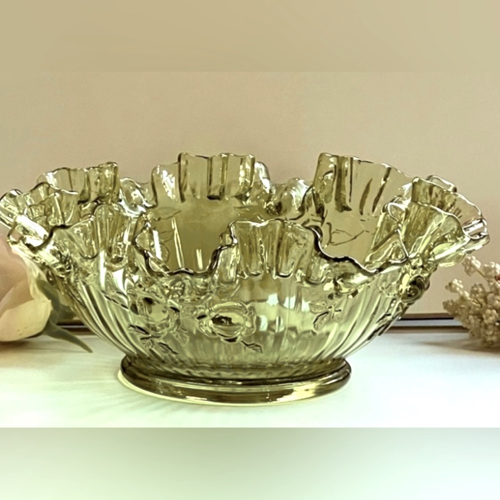 Fenton Serving Bowl, Olive Green Cabbage Rose Pattern, Crimped & Ruffled…